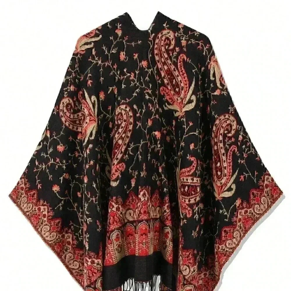 Red Casual Womens Paisley Pattern Fringe Trim Duster Cardigan wrap shawl - Picture 2 of 5